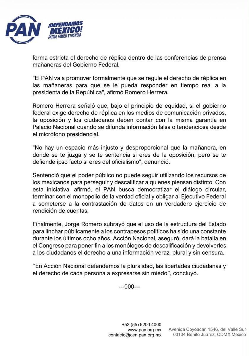 AccionNacional's tweet photo. La mañanera presidencial no debe ser un espacio de persecución y calumnia para opositores.

#Boletín 🗞️ https://t.co/i7kOegky3R