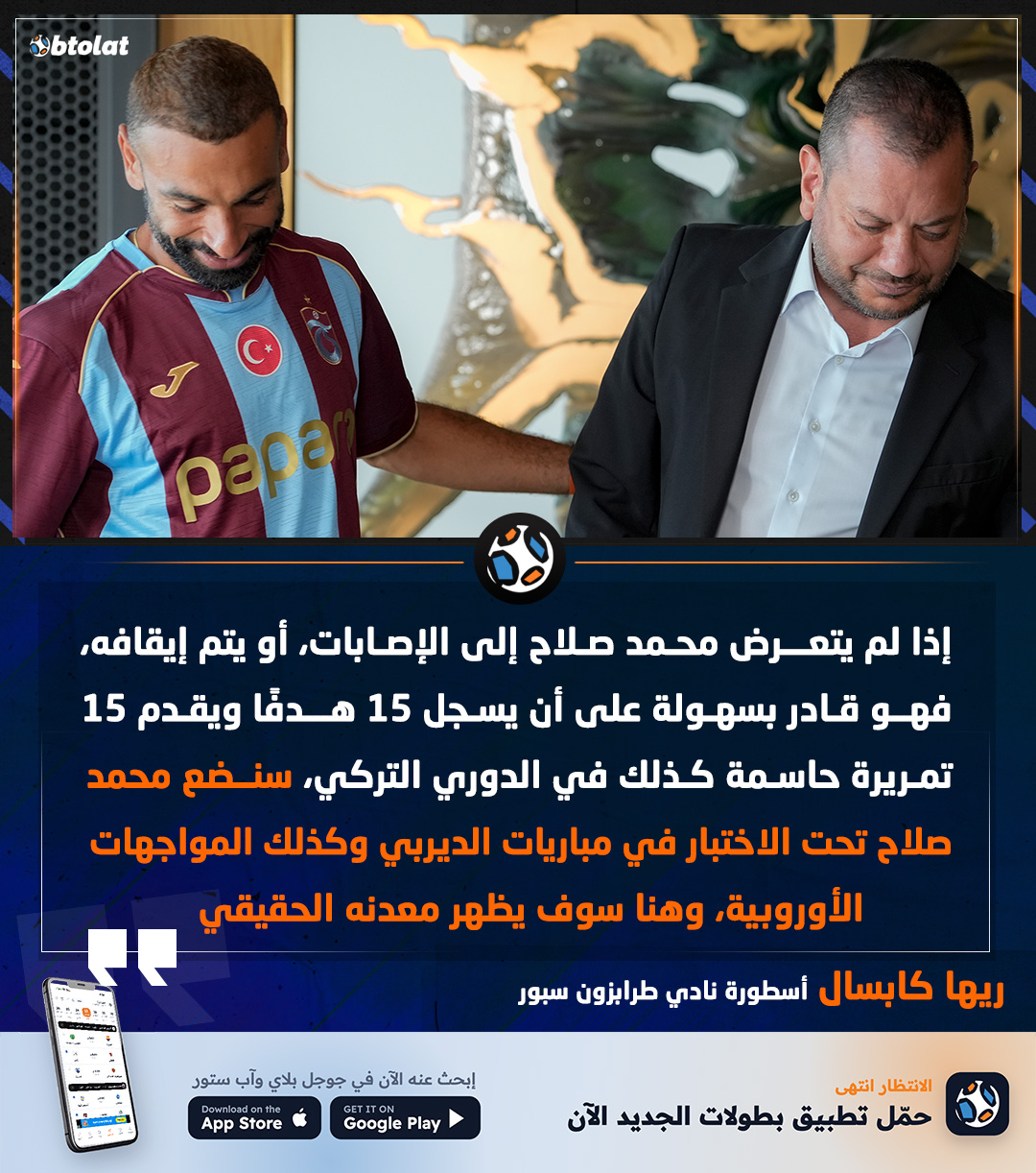 ريها كابسال أسطورة نادي طرابزون سبور. إذا لم يتعرض محمد صلاح إلى الإصابات، أو يتم إيقافه، فهو قادر بسهولة على أن يسجل 15 هدفًا ويقدم 15 تمريرة حاسمة كذلك في الدوري التركي، سنضع محمد صلاح تحت الاختبار في مباريات الديربي وكذلك المواجهات الأوروبية، وهنا سوف يظهر معدنه الحقيقي 