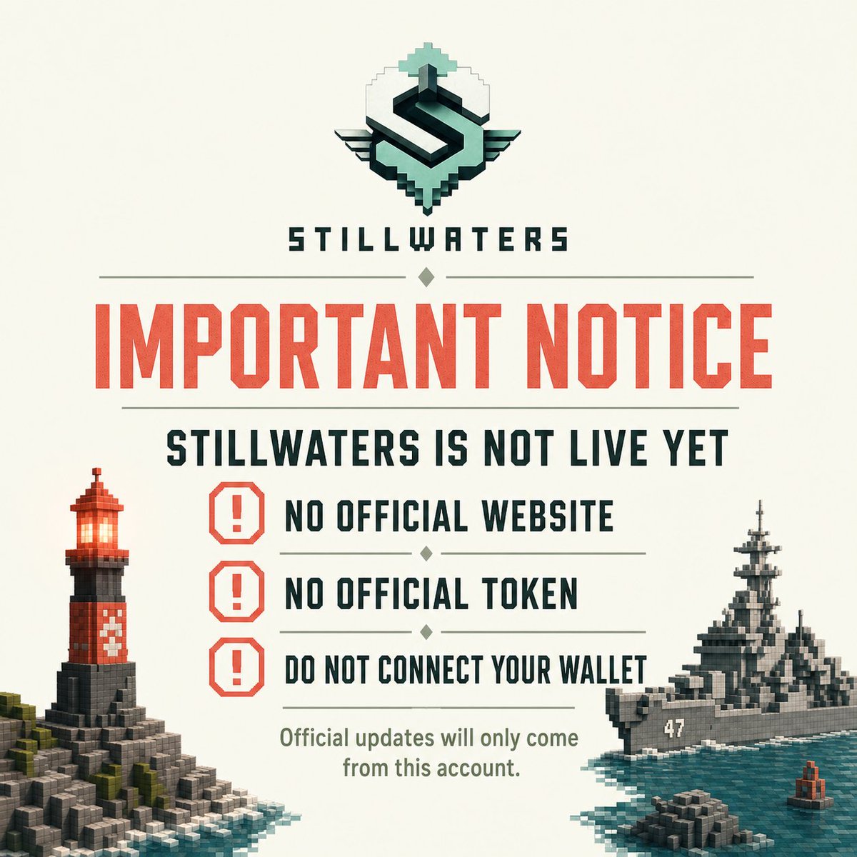 playstillwaters's tweet photo. 🚨 Important: STILLWATERS is not live yet.

We have not launched an official website or token.
Any websites, coins, or https://t.co/Oqcj8pfZ0T listings claiming to represent STILLWATERS are unauthorized and not affiliated with us. https://t.co/faZX0MWklG
