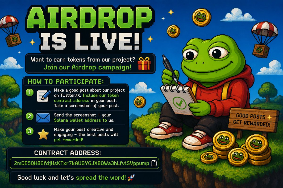 toadtard_sol's tweet photo. 🎁 AIRDROP IS LIVE!
Want to earn tokens from our project? Join our Airdrop campaign!

How to participate:

Make a good post about our project on Twitter/X.
Include our token contract address in your post.
Take a screenshot of your post.

Send the screenshot + your Solana wallet address to us.

Make your post creative and engaging — the best posts will get rewarded!

Contract Address:
2mDE5QH86fdjHsKTxr7kAUGYGJX8QWa3hLfviSVppump

Good luck and let’s spread the word! 🚀