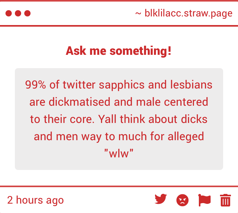 blklilacc's tweet photo. Transfems get included in lesbianism and sapphicism because they aren’t men and yall start talking crazy, who said anything about dick? Why do you see a transfem hc and think dick and males? Yall are brazenly transmisogynistic https://t.co/7NdG8SfrJ2