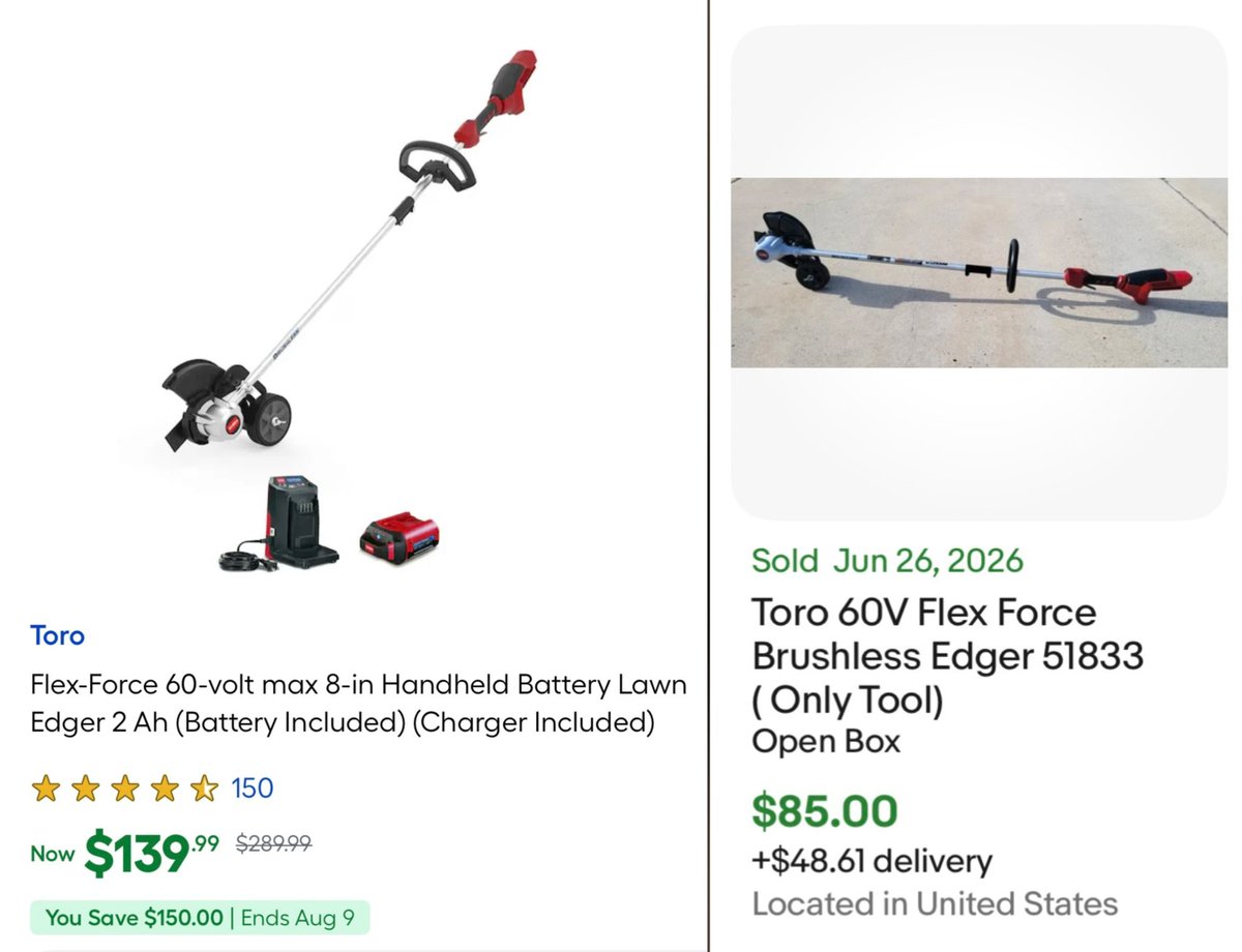 Pricerrors's tweet photo. $150 OFF TORO LAWN EDGER + BATTERY KIT

This combo dropped to $139 at Lowe’s for TODAY ONLY

https://t.co/Kdrs8LtRph

The tool BY ITSELF in a used condition sold for $130+ total on eBay

Free shipping, very highly rated product #ad https://t.co/SLIOty0Qgd