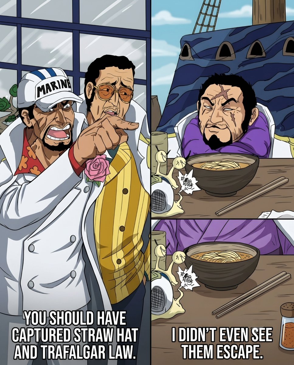 AnimixC94516's tweet photo. Fujitora pulling out the "I'm legally blind" card every single time Akainu demands an explanation for the Straw Hats escaping 🍜🙈 #ONEPIECE1191 https://t.co/fECPreiqg2