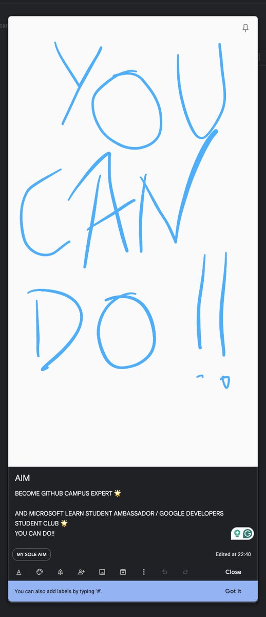 Response_200's tweet photo. Found a 2020 college note. One dream hit, becoming my college's 1st GDSC Lead, and one missed.

A good Cookie Jar reminder:

1. Never stop dreaming.
2. Some goals come true, some don't, and at times, life brings things you never dreamt of. https://t.co/tREPiFUAPU