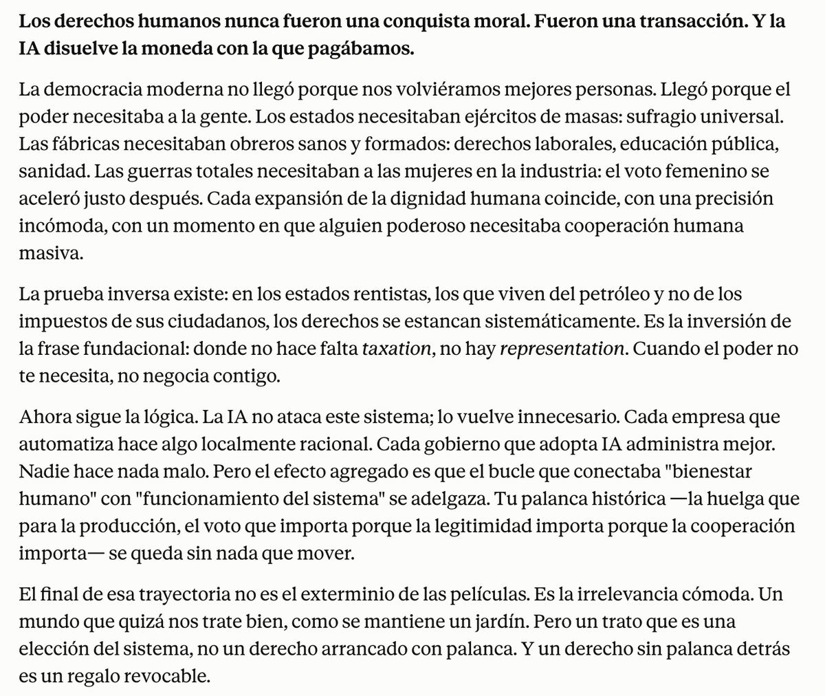 pau's tweet photo. Acabo de pedirle a la IA (Fable 5) que me diga algo que me asuste y me ha dicho esto. 

La "irrelevancia cómoda". https://t.co/UHaRmIo9c9