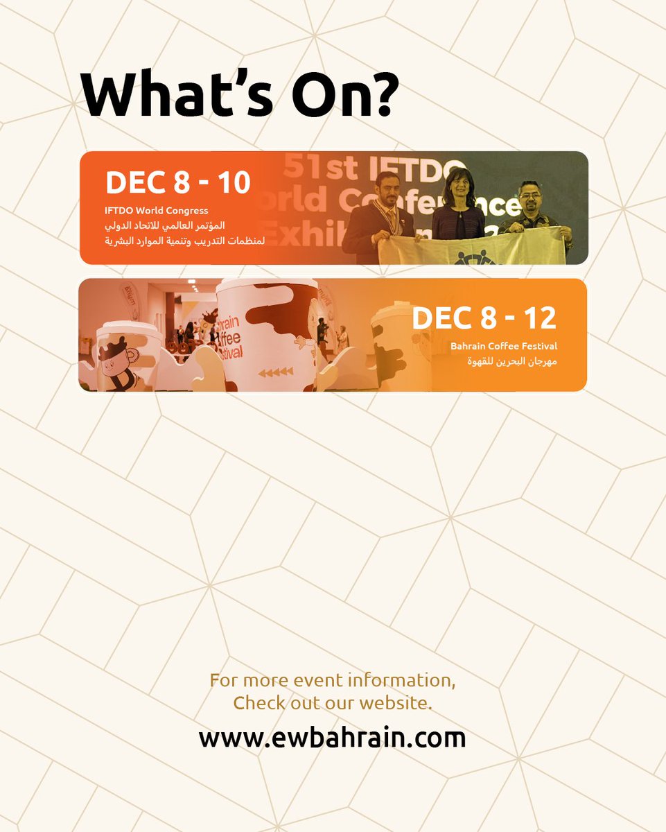 ewbahrain's tweet photo. Big events are right around the corner 📅!
Discover the exciting lineup coming to Exhibition World Bahrain and plan your visit 🤩

Swipe through the guide and head to our website to check out the full schedule: https://t.co/EpMct2T6eq https://t.co/hSNIrHvr4P