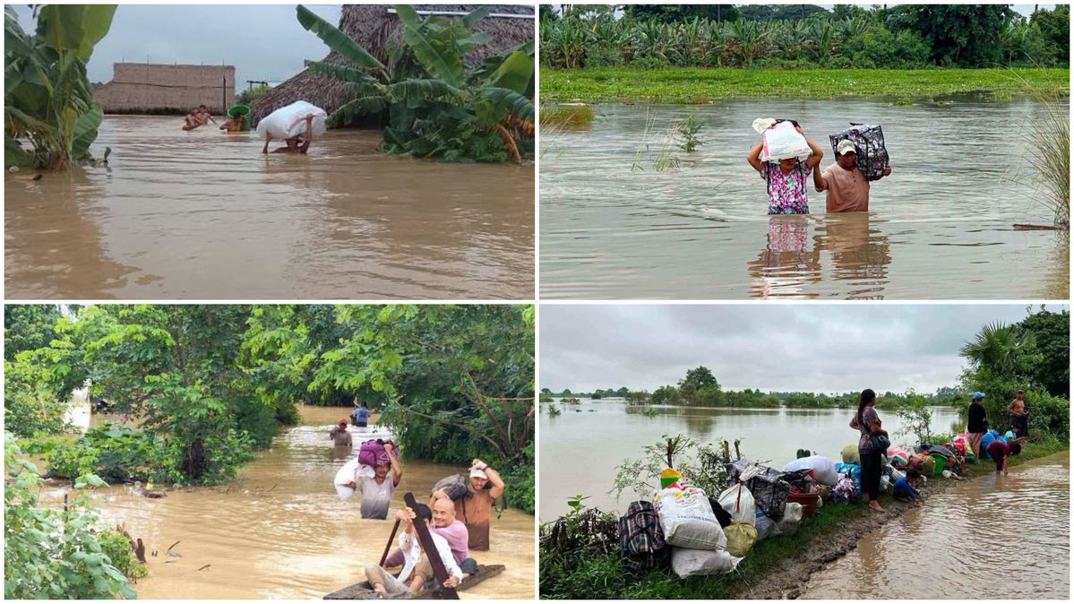 TheChindwin's tweet photo. Thousands of citizens are currently stranded in Sagaing Division due to unprecedented flooding in the region, which has caused many villages to become submerged and compelled residents to evacuate to higher ground in northwestern Myanmar.

There is an urgent necessity for food and essential aid, prompting local anti-junta resistance groups and grassroots committees to initiate fundraising campaigns aimed at assisting those severely impacted by the ongoing flooding.

The junta regime has been notably lax in providing humanitarian assistance to regions where it faces challenges in maintaining control or is experiencing a loss of influence. 

This deliberate disregard for the needs of affected populations is deeply concerning and exacerbates the crisis faced by these communities.

Photo/Ye-U Freedrom Comrades