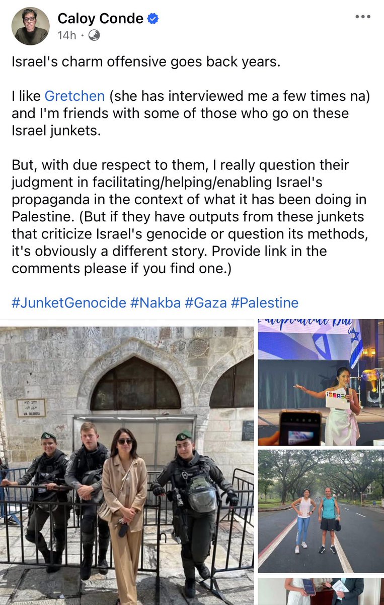 sefph's tweet photo. Human rights advocate Caloy Conde called attention to Gretchen Ho’s repeated engagements with Israel, questioning whether these partnerships have helped enable and amplify Israeli propaganda in the Philippines amid the ongoing atrocities in Gaza.

This is disappointing, Gretchen. https://t.co/waNmAIaTUC