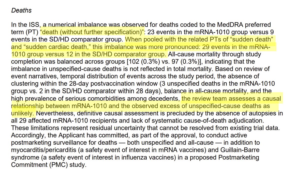 ClareCraigPath's tweet photo. Moderna's latest mRNA flu 💉had 29 sudden or unexpected deaths in mRNA group (0 autopsies) vs 12 in alt 💉group.

If trial was set up to show sudden deaths⏫it would be presented as statistically significant with a  
142% increase in risk 
&amp; 
~ excess of 1 per 2116 people.

FDA: https://t.co/5QBKUQorb4