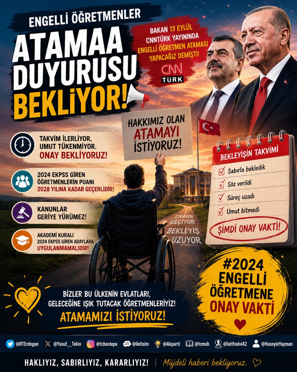 2024tenkalan's tweet photo. Bir müjde, binlerce yüreğe umut olsun… 2024 Engelli Öğretmenler artık güzel haberi bekliyor. Devletimize güveniyoruz. 🤲

@RTErdogan @Yusuf__Tekin @Akparti @tcbestepe @iletisim @tcmeb @oktay_saral @fuatoktay #pazar #2024EngelliÖğretmeneMüjdeVakti https://t.co/U0p5sTSad1