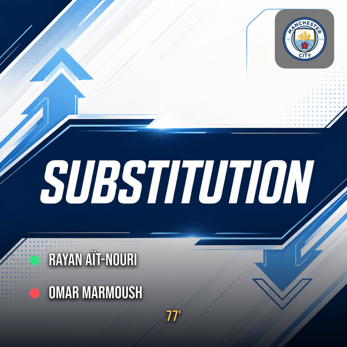 FAEA04's tweet photo. 77' | Manchester City 2-1 Atlético Madrid
Manchester City: Rayan Aït-Nouri replaces Omar Marmoush.
#ClubFriendly #ManchesterCity #AtleticoMadrid #ManchesterCityAtleticoMadrid https://t.co/yRjT3n3zpS