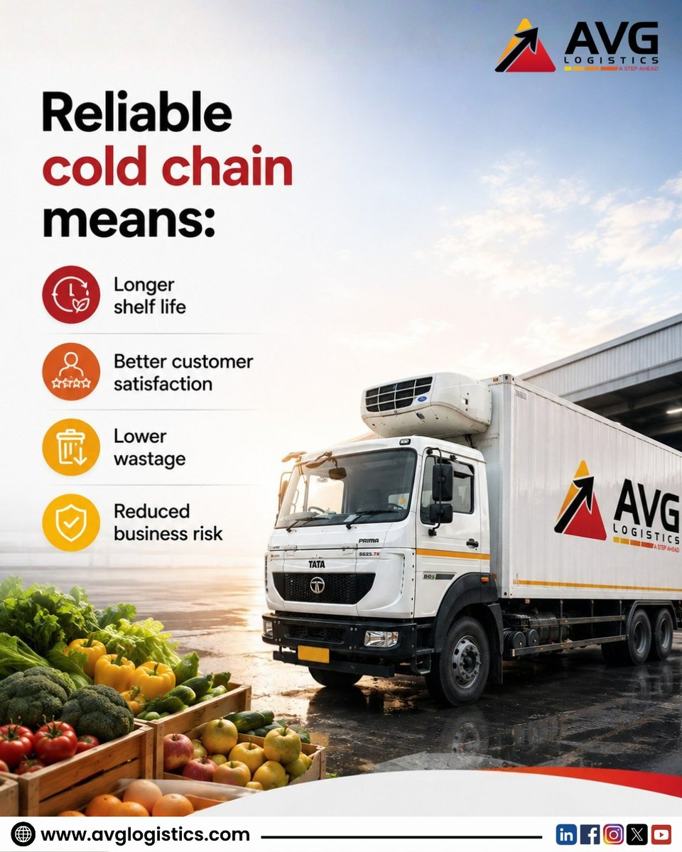 LogisticsAvg's tweet photo. Cold Chain That Protects More Than Just Temperature
Freshness, quality, and trust move together with AVG Cold Chain.
#AVGLogistics #AVGColdChain #ColdChainLogistics #TemperatureControlledLogistics #ColdChainTransportation #SupplyChain #Logistics #PerishableGoods #FoodLogistics https://t.co/HZ2JeDX4Xp