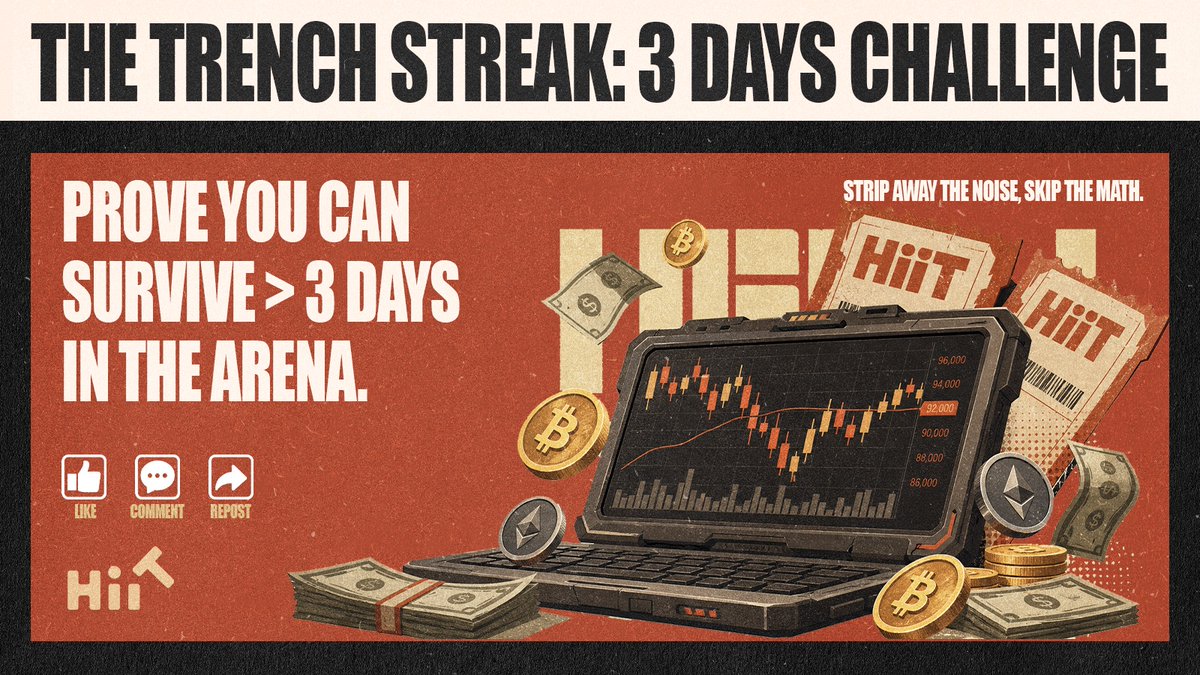 HiiT_World's tweet photo. 🚨 THE TRENCH STREAK: 3 DAYS. PURE CASH.

Strip away the noise, skip the math.
Prove you can survive > 3 days in the arena.
Cold, hard, cash on the table. 🤑💸

YOUR MISSION:
🐦 1. Like, Comment, Repost this post.
🗡️ 2. Make 1 real trade on HiiT every day. 
📸 3. Drop your daily trade screenshot in our Discord. (Do it 3 days in a row).

THE LOOT：
🩸 Day 1: 200 HiiT Points
🩸 Day 2: 300 HiiT Points
🩸 Day 3: 500 HiiT Points + ENTRY TO THE 100 USD1 CASH POOL 🎟️

💰TOTAL REWARD: 
1,000 Points + The Cash Draw.

Real USD1. Ready to withdraw.
3 days. 3 trades. See you in HiiT Arena. 

#HiiT Me Baby One More Time 🎶