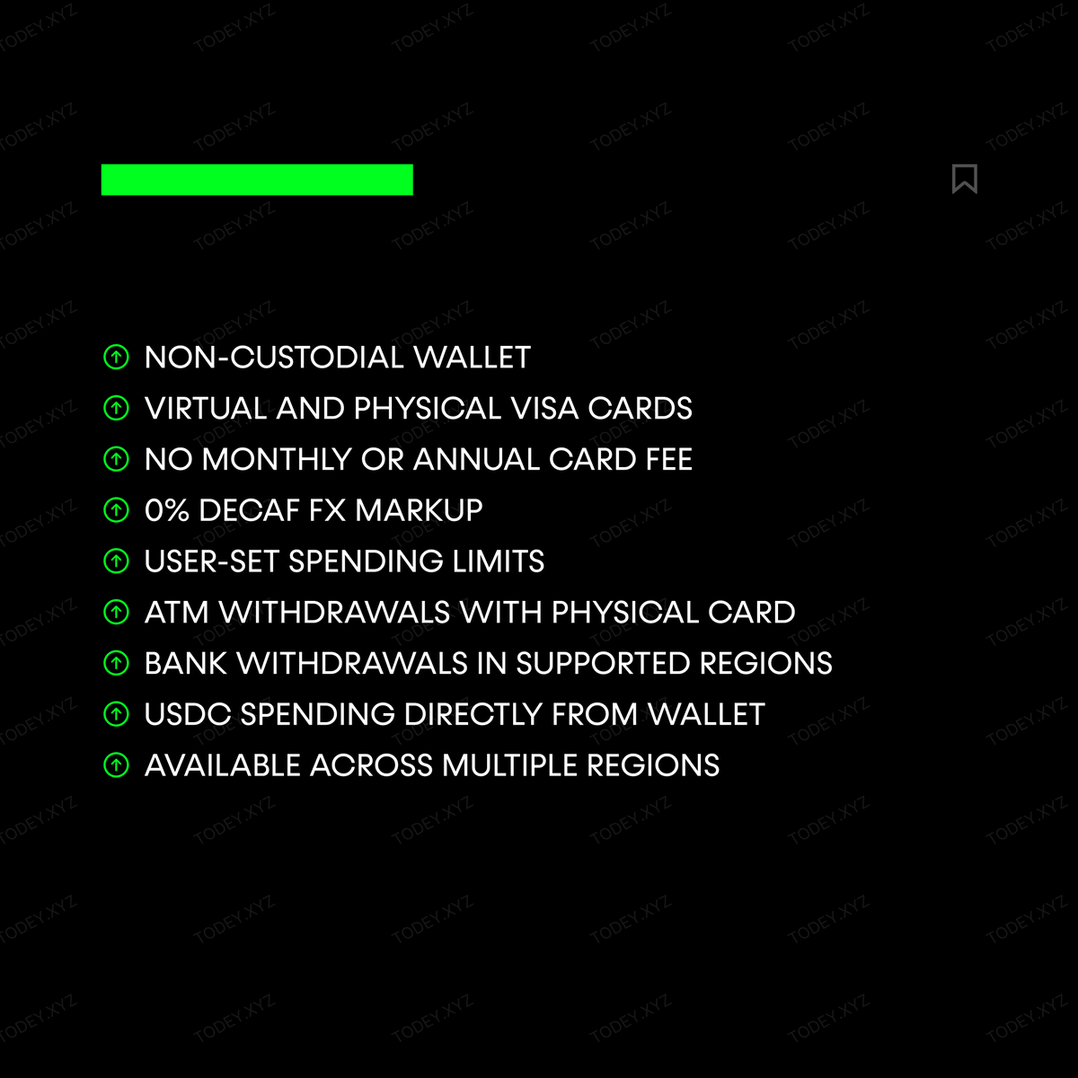 JoinTODEY's tweet photo. 💳 CRYPTO CARD OF THE DAY - DECAF

@decaf_so card brings self-custodial USDC spending to Visa, with virtual and physical cards, Apple Pay, Google Pay, bank withdrawals, and global card acceptance.

Explore the complete profile:
https://t.co/xB76WEkQvM https://t.co/2NxrbCYiOp