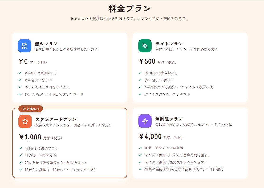 otomochi_com's tweet photo. 🎧 本日リリース！ TRPGのセッション音声を、
まるごと文字起こしする「おともち」を公開しました。

3時間の録音が約15分で文字に。 無料プランありなので、まずはお試しを。

👉 https://t.co/32sxcUgNgq

 #TRPG #セッション記録 #文字起こし #otomochi #おともち https://t.co/5b6lzYU9NF
