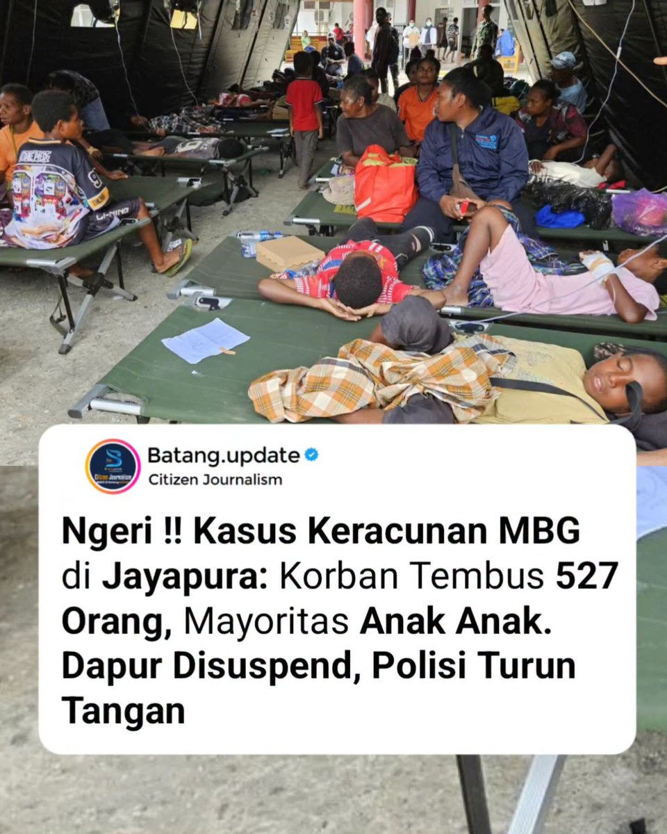 AH27802154's tweet photo. Kasus dugaan keracunan pasca
mengonsumsi makanan program
MBG di Distrik Depapre, Kab. Jayapura,
Papua, terus meluas.
Per tanggal 6 Agustus 2026,
jumlah korban yang ditangani 527 orang,
terdiri dari balita, siswa PAUD, SD, SMP, 
hingga sejumlah orang tua yang ikut menyantap. https://t.co/AzS0vQbohN