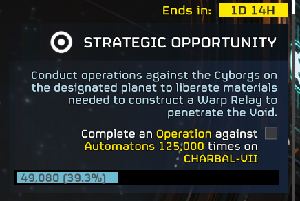 AdvancerAdva's tweet photo. New Strategic Opportunity has been issued!

Helldivers are to obtain materials from the Automaton Cyborgs to construct the Warp Relay Station to penetrate the Illuminate Void!

#Helldivers2 | #Helldivers | #Helldivers2GalacticWar https://t.co/QizXZp3jS9