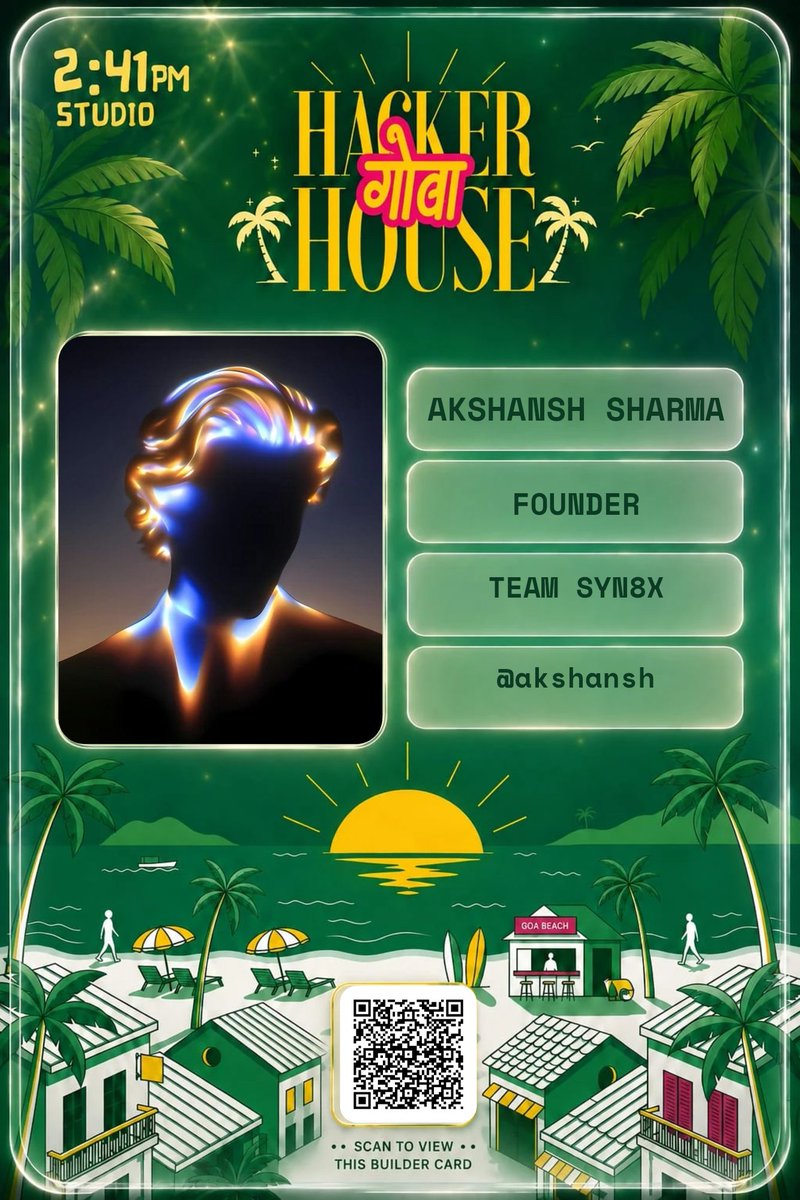 akxh_5's tweet photo. Akshansh Sharma building at Hacker House Goa 2026 🌴 
Made my frame with Frame In Goa!
https://t.co/4pXlhKMs2z
#FrameInGoa https://t.co/NpzMbtzu37