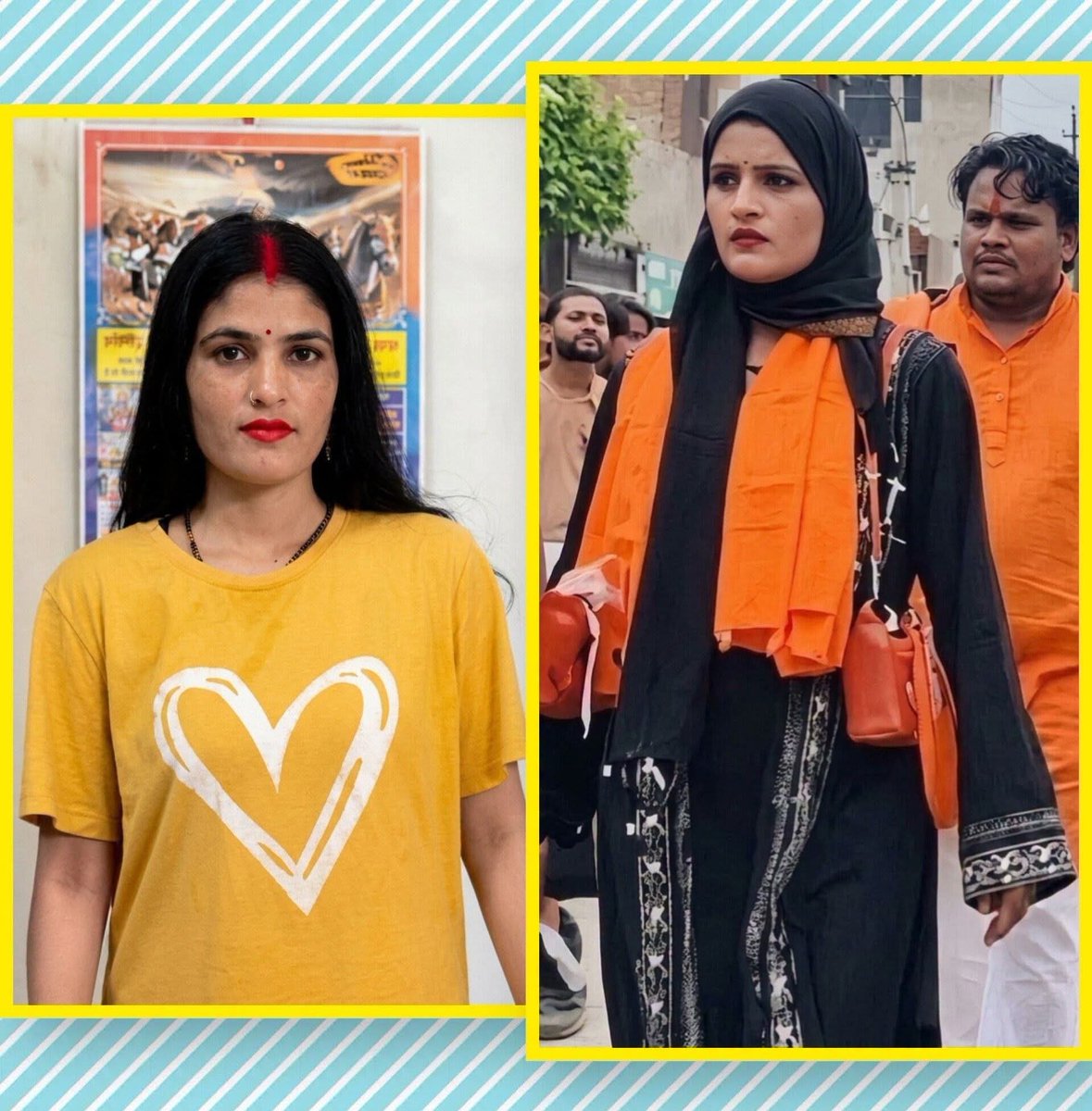 NeswVideo's tweet photo. तस्वीर 1: सिर खुला हुआ, हाफ टी-शर्ट पहने हुए, गले में मंगलसूत्र है। 
तस्वीर 2: सिर से लेकर पूरे शरीर तक ढका हुआ, बुर्का में…
पहला दृश्य “आम ज़िंदगी” कहलाता है, 
और दूसरा दृश्य #india 
#democrac https://t.co/tOQJTktv8c