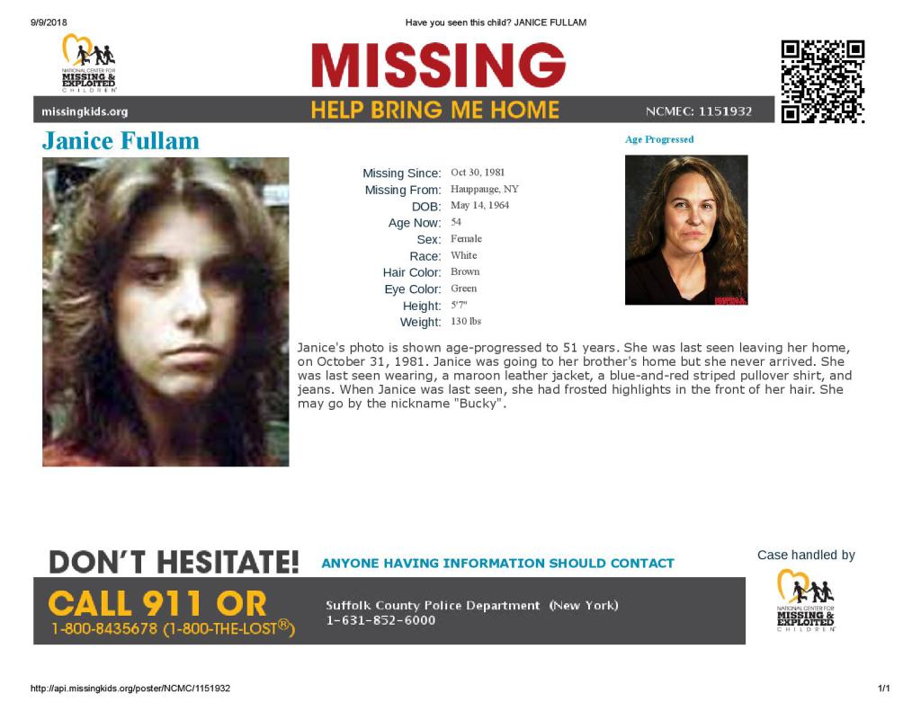 Catch_LISK's tweet photo. It’s #MissingPosterMonday and we need help sharing info on #MissingTeen #JaniceFullam
Janice Fullam was only 17 when she was last seen on 10/31/1981. She was headed to meet up with her brother at a local bar, approximately 1 mile away from her home. From the bar, Janice and her brother were planning on going to a nightclub in NYC.

Janice is NOT a runaway. She got along well with her father, a New York City fire department lieutenant, and her mother, a station clerk at University Hospital at Stony Brook. And only hours before she would leave her home, she learned that she had been hired as a waitress at a local restaurant.

Any information is helpful. Please call Suffolk County Police Department @ (631) 852-6110 or email https://t.co/Z30mU6JDij