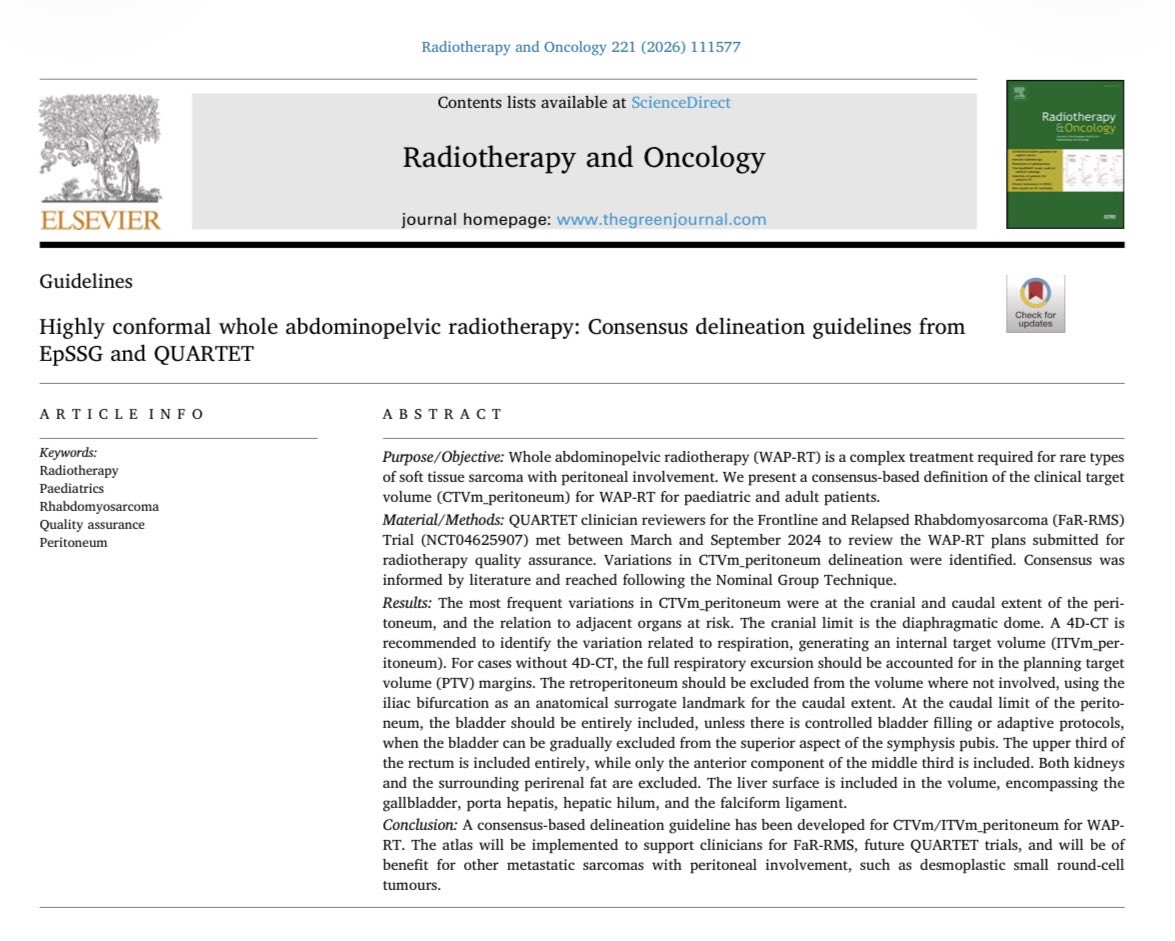 radioncoluis's tweet photo. Highly conformal whole abdominopelvic radiotherapy: Consensus delineation guidelines from EpSSG and QUARTET

https://t.co/VeI53prpNd

@RO_GreenJournal https://t.co/17al36SS1S