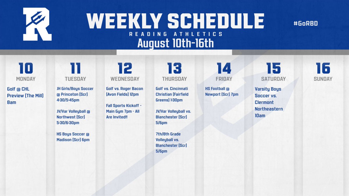 ReadingAthletic's tweet photo. Check out this week's athletic schedule. Join us Wednesday for the Fall Sports Kickoff at 7pm in the Main Gym! https://t.co/vxNcdYg4Wb