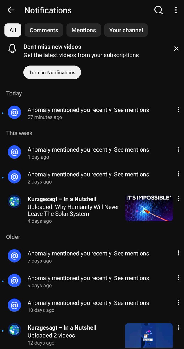RealHellession's tweet photo. Bro what the fuck, how long will this spam keep on going? The 'Anomaly' here is either fake or when I click on it to see the post, I find that it's been deleted.

Biggest irony is YouTube telling me to turn on App Notifications. "You're missing out on seeing MORE of this spam!!" https://t.co/VSDRZvLtOw