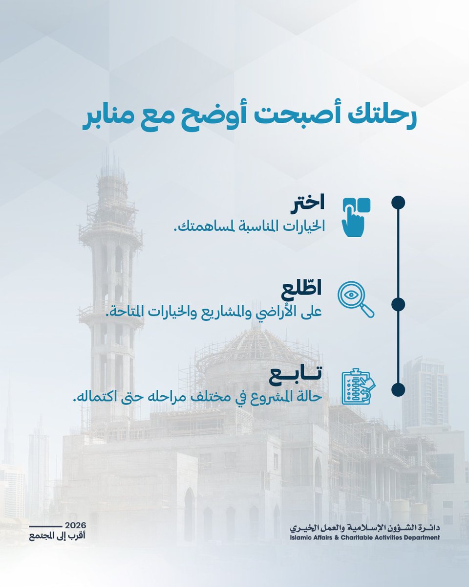 IACADDUBAI's tweet photo. منابر.. تجربة موحّدة تيسّر رحلة بناء ورعاية المساجد، وتمنح المتبرعين خيارات متكاملة للمساهمة في عمارة بيوت الله، من اختيار المسار المناسب إلى متابعة المشروع حتى اكتماله.

تعرّف على خيارات «منابر»، واختر ما يناسب مساهمتك
https://t.co/DsxeP6k9rZ

Manaber is a unified experience that simplifies the journey of building and caring for mosques, offering donors a range of options to contribute to the development of mosques, from selecting the most suitable option to tracking the project through to completion.

Explore the options available through Manaber and choose the one that best suits your contribution.

#عام_الأسرة #إسلامية_دبي