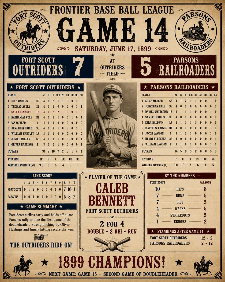 FrontierBBL's tweet photo. โญ GAME 14 โ PLAYER OF THE GAME
CALEB BENNETT โ FORT SCOTT OUTRIDERS ๐ค
Bennett goes 2-for-4 with a double, 2 RBI and a run as the Outriders defeat Parsons 7โ5.
๐ Fort Scott: 12โ2
๐ Parsons: 2โ12
โพ 3 games remain
#FrontierBaseBall #Game14 #Outriders https://t.co/IEBAK9Bomp
