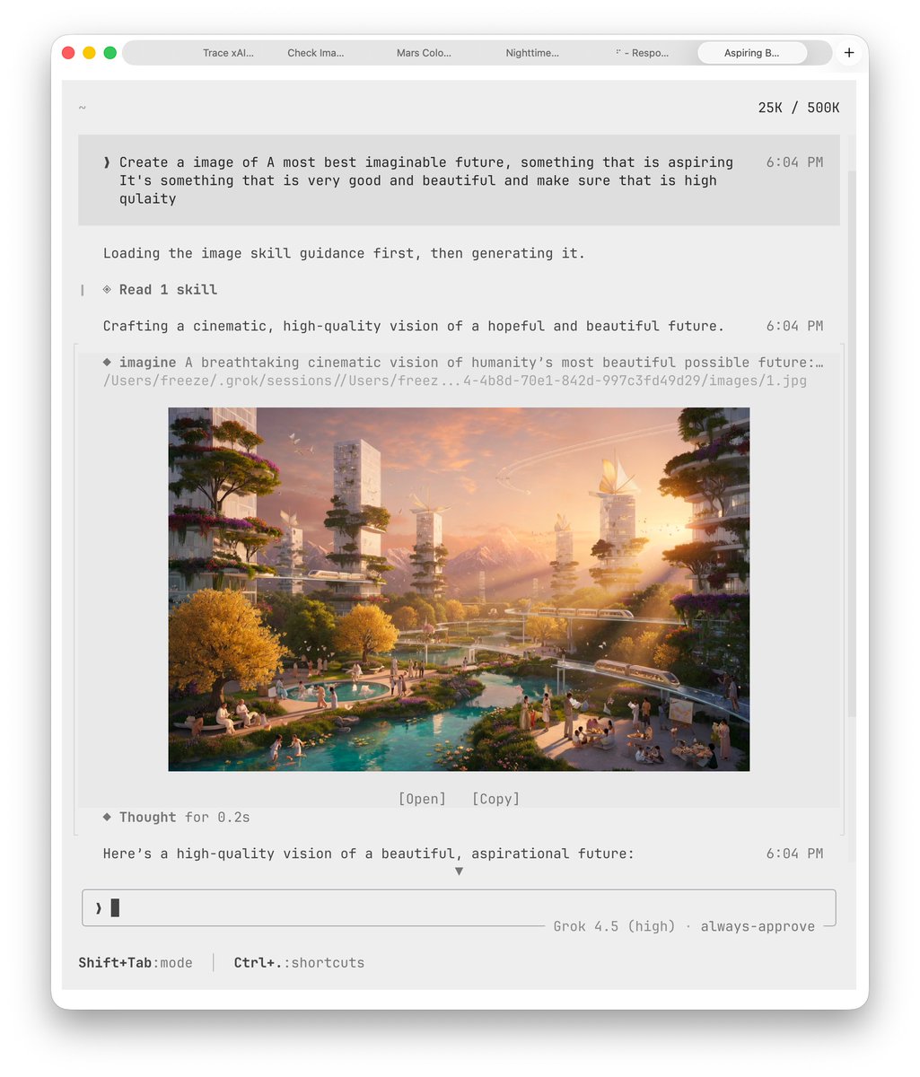 XFreeze's tweet photo. Grok Build is quickly turning into an all-in-one creation environment

It can now also generate images and videos with Grok Imagine directly inside your workflow

You can create custom visuals for websites, apps, presentations, marketing campaigns, product pages, social media and pretty much anything else you're building

No more jumping between different AI tools just to create the assets you need......even Claude Code doesn't natively have this

Build the website, generate the images, create the videos, and then ship it - all from Grok Build