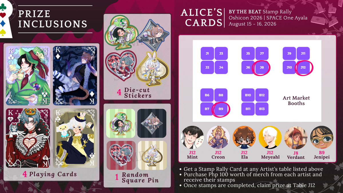 chxrrymnts's tweet photo. [RTs 💓]

✦・ Alice's Cards 🃏👑 - BY THE BEAT Stamp Rally ・✦

Hello Hzbeats~!! We're very excited to invite you to our BTB stamp rally for #OshiCon2026 !! 🐇🎩 

🃏Oshicon 2026
📆 August 15-16, 2026 (SAT-SUN)
📍 SPACE, One Ayala

#OshiconArtMarket #Oshi2Ü 💖 https://t.co/zgpUY9hqOX
