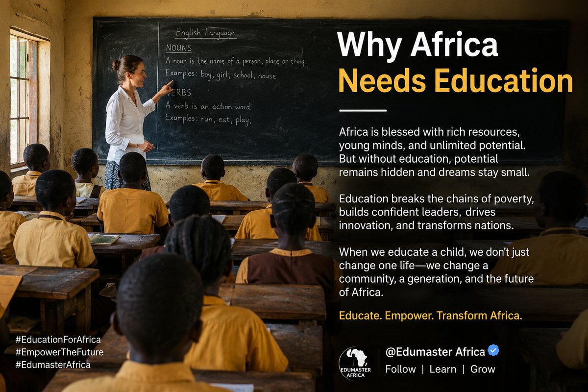 SnowofNigeria's tweet photo. Africa doesn't lack talent. Africa needs more opportunities to turn talent into knowledge, skills and innovation.

Education can change a child's future and that future can change a nation.

📚 Educate. 💡 Empower. 🌍 Transform Africa.
 @EdumasterAfrica  #edumaster #educateafrica https://t.co/FxhjqzDq1X