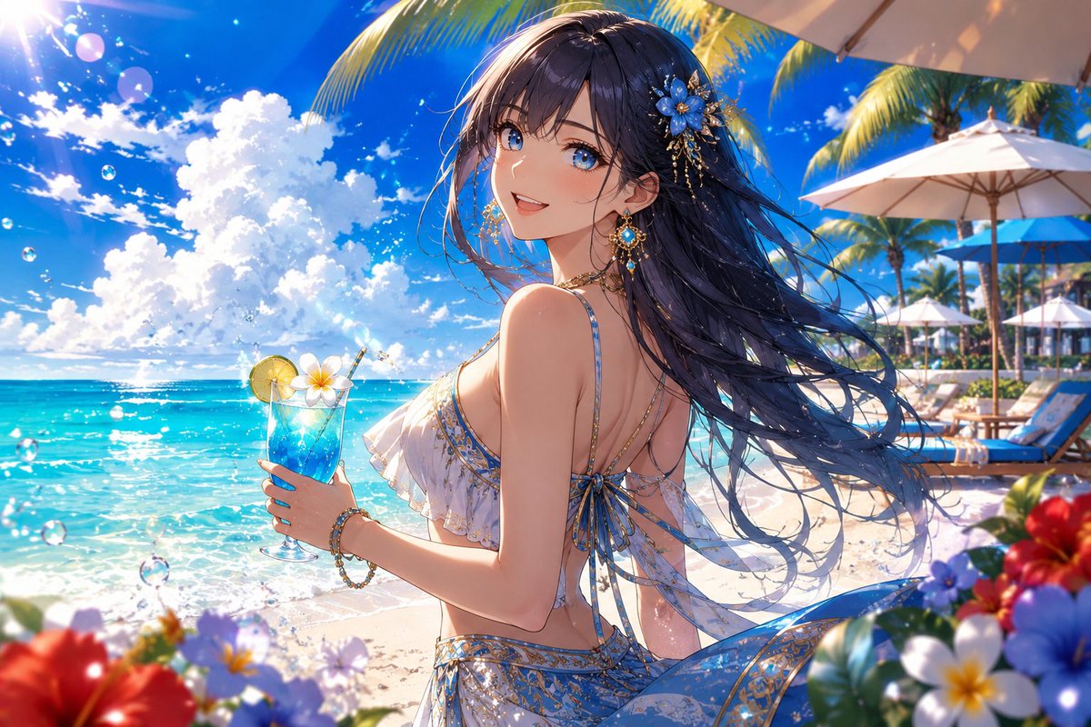 samidare0546's tweet photo. 夏の陽射しと煌めく海に包まれて、爽やかなひととき🌺✨ 青い海と風になびく髪、笑顔が彩るリゾートの午後🏝️💙
#AIイラスト #夏 #海 #リゾート #アニメ #Summer #Beach #AnimeArt https://t.co/VmdbHXMf04
