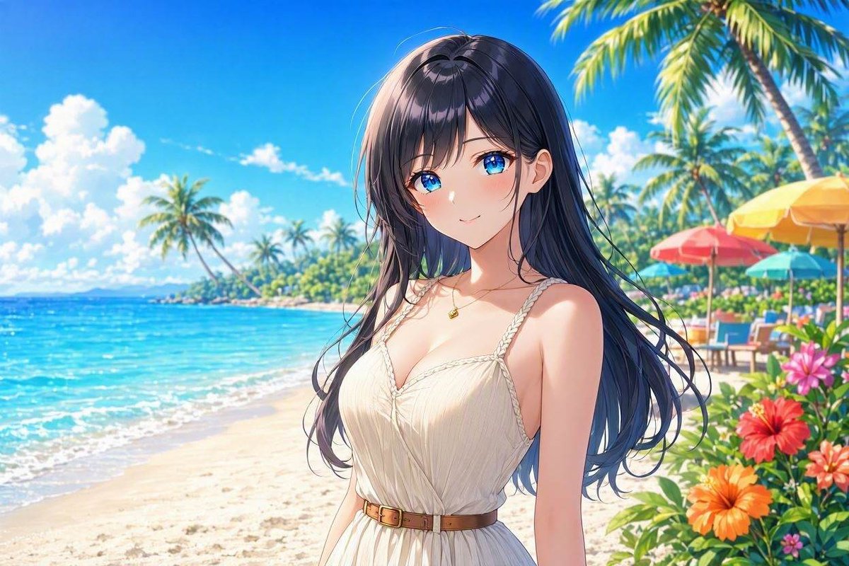 samidare0546's tweet photo. 夏の陽射しと煌めく海に包まれて、爽やかなひととき🌺✨ 青い海と風になびく髪、笑顔が彩るリゾートの午後🏝️💙
#AIイラスト #夏 #海 #リゾート #アニメ #Summer #Beach #AnimeArt https://t.co/VmdbHXMf04