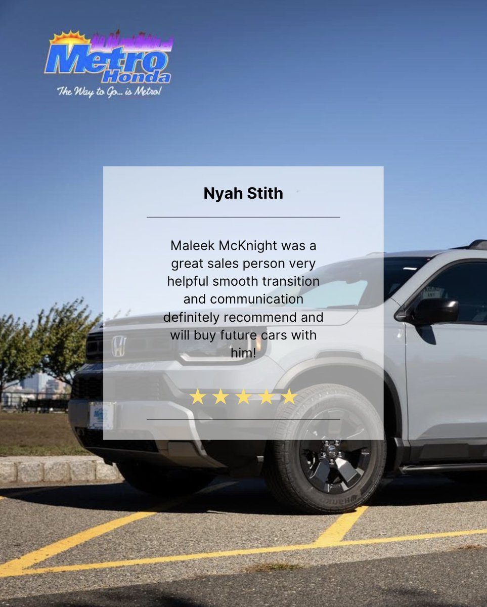 MyMetroHonda's tweet photo. ⭐⭐⭐⭐⭐
Reviews like yours inspire us to keep delivering exceptional service every day. Thank you for choosing Metro Honda!
🔗 https://t.co/dlmQWZLiae
.
.
.
#MetroHonda #FiveStars #CustomerCare #HondaDealer #ThankYou #NJHonda #DriveHonda https://t.co/19k2wCzPPR
