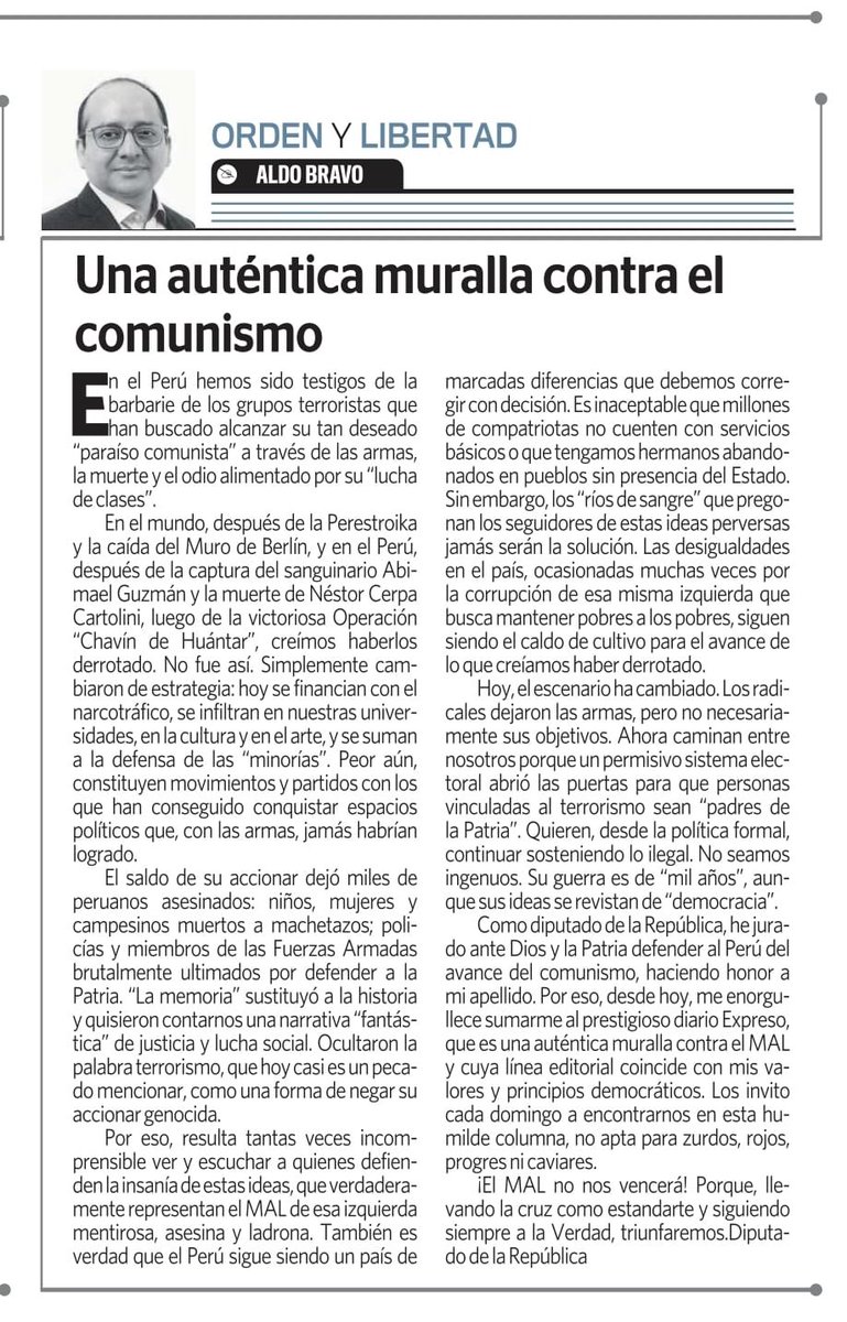 abravoq's tweet photo. 📰 Hermanos, gracias al diario favorito de todos los peruanos, @ExpresoPeru, los invito cada domingo a encontrarnos en esta humilde columna NO APTA para zurdos, rojos, caviares ni progres.

#PorElPerú #DiputadoBravo 🇵🇪 https://t.co/164psor4Pl