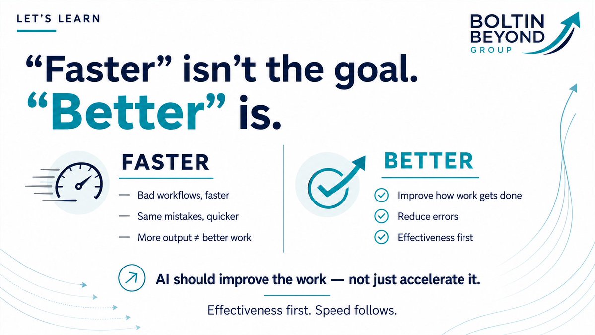 BBeyond2026's tweet photo. "Faster" isn't the goal. "Better" is.

AI that just speeds up bad workflows gives you bad results, quicker. At Boltin Beyond Group, we help teams use AI to actually improve how work gets done - not just accelerate the same mistakes.

Effectiveness first. Speed follows. https://t.co/dPAuDtJZNF