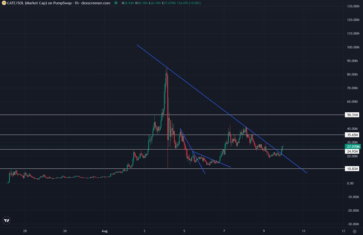 AstaresThanato1's tweet photo. idk why CT is still fading the $CATE narrative?

Assume $5,000 invested at a $26M market cap, with no additional buying/selling, and ignore fees, taxes, liquidity impact and slippage:

$100M MC → ~$19,231 (3.85x)

$200M MC → ~$38,462 (7.69x)

$500M MC → ~$96,154 (19.23x)

$1B MC → ~$192,308 (38.46x)

$2B MC → ~$384,615 (76.92x)

$5B MC → ~$961,538 (192.31x)

$10B MC → ~$1,923,077 (384.62x)

The charts just looks so bullish, retails completely onboarded and we keep breaking out every key point
