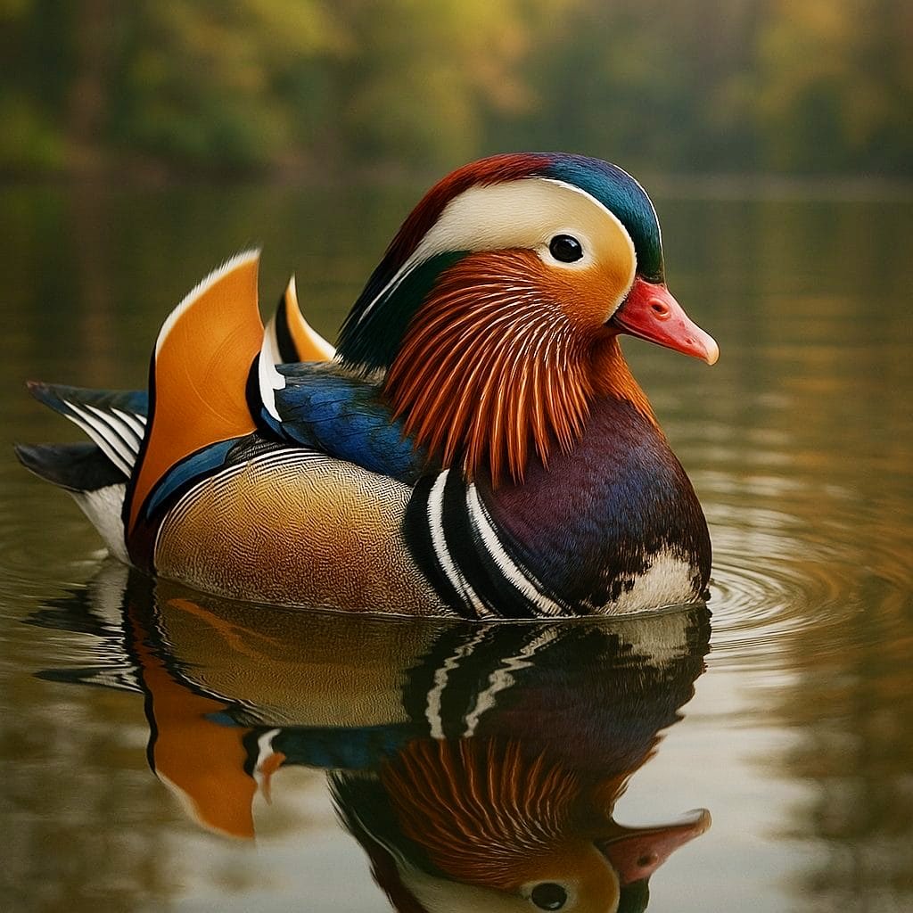 zhungre's tweet photo. The Mandarin duck is a colorful perching duck native to East Asia. Males sport ornate plumage with orange sails, a purple crest, and bright markings, while females are gray-brown with a white eye-ring. https://t.co/57RfwVSDZk
