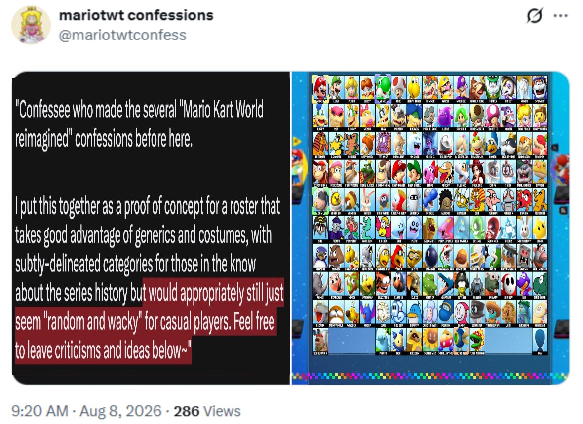mariotwtconfess's tweet photo. "even a roster like this deserves to have at least something from the rpgs. i refuse to believe that 100% of this roster is more recognizable to normies than literally anything from them. if the point is Creatures galore, why not include like cleft or whacka or beanie" https://t.co/EezL3Ilq3H