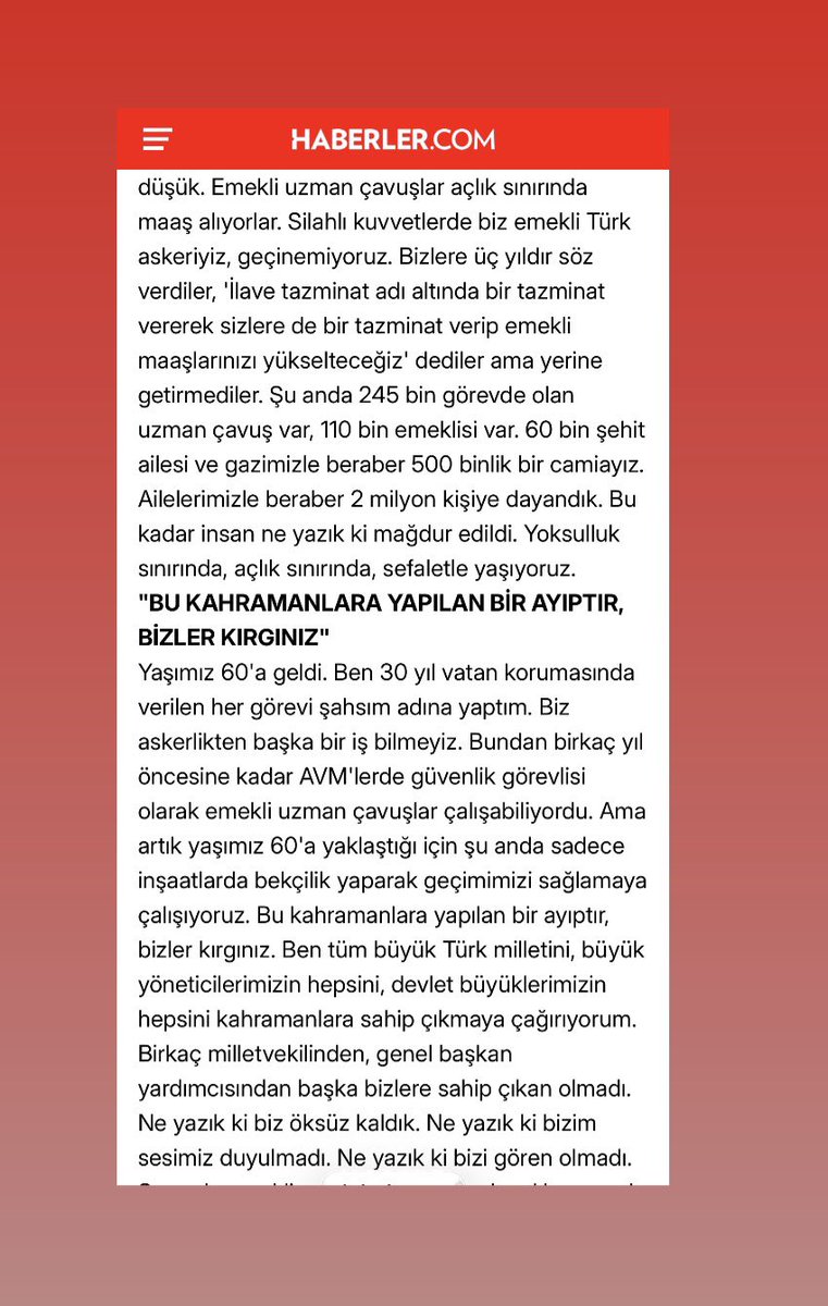 alitilkici38's tweet photo. Basındada yer aldı;
Bu Kahraman #UzmanÇavuş’lara yapılan ayıptır.
Bizler Kırgınız.

Açlık sınırı içerisindeyiz,Geçinemiyoruz.

Milletin çocuklar rahat etsin diye kendi çocuklarımızdan fedakarlık ettik.

Vatan Savunmasının Sözleşmesi olmaz.

Hastalanırsam meslekten atılırmıyım diye endişeli asker olur mu

Emekli Türk Askeriyim Geçinemiyorum Ayıp değil mi.
 ve yüzlerce boğazımızda kalan kelime.
#KahramanlaraHakYürüyüşü
@TEMUD_2024