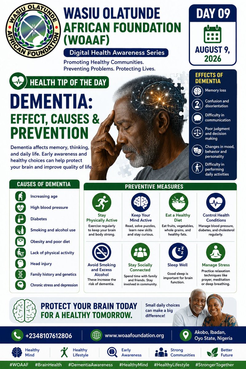AfricanWasiu's tweet photo. Protect your brain, protect your future, understand dementia, its causes, effects, and how simple daily habits can help you stay mentally strong.
#DementiaAwareness #BrainHealth #HealthyLiving #Prevention #WOAAF #StayActive #HealthyMind https://t.co/sHxRC8JSbo