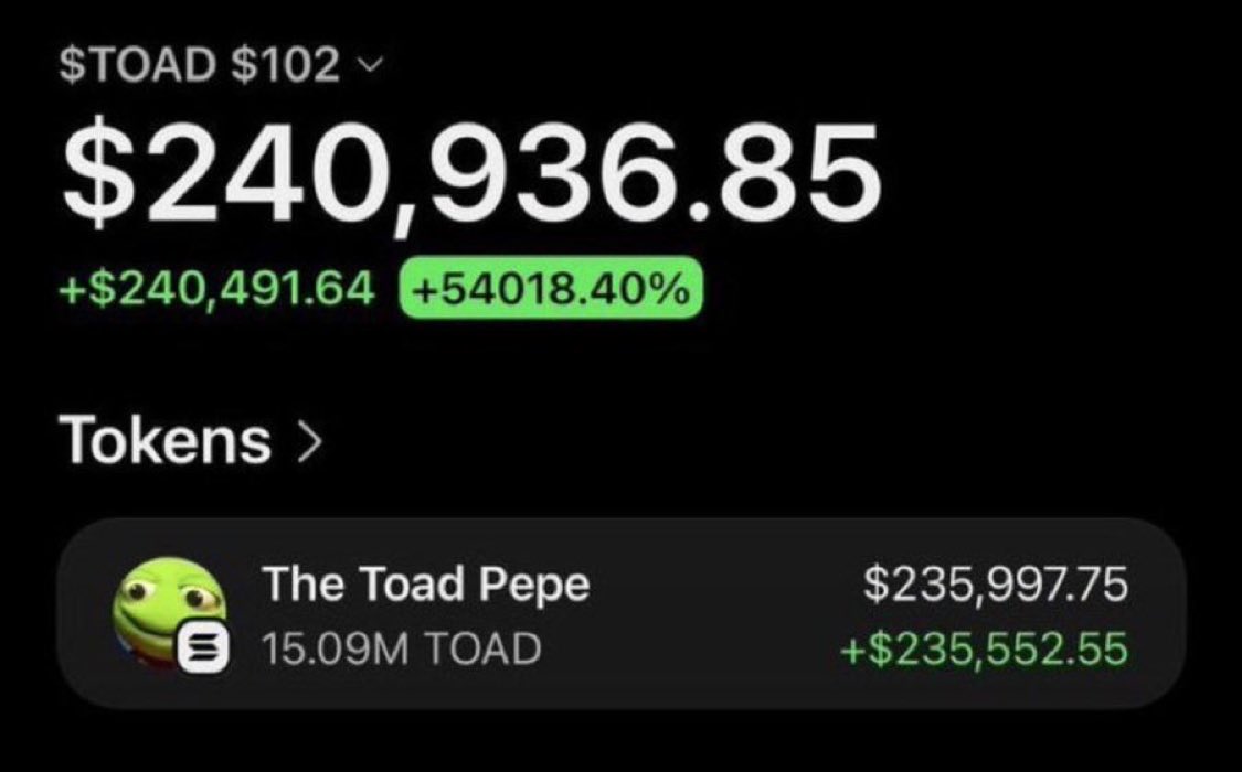 saracrypt_ethhq's tweet photo. this guy retired off my $toad callout..

turned $70 into $240,000

6K MC —-> 16 million MC🤯🤯

Notis on, or stay broke https://t.co/b8W61EV9GD