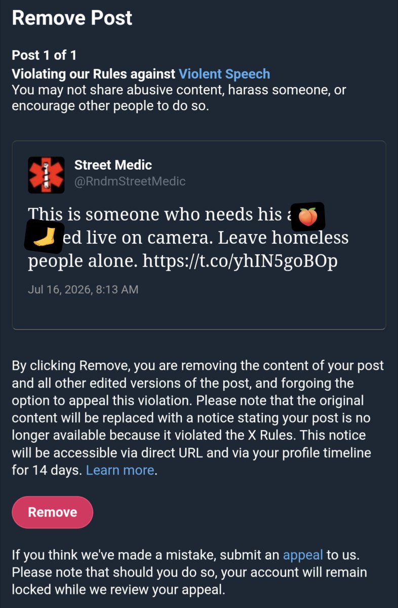 RndmStreetMedic's tweet photo. So to recap.

You can post a video of you harassing homeless people and advocating that others do the same as long as you call it news. But you can't say that person deserves 🍑 🦶👊even though you're not advocating for anyone to do it.

Also all the other 🐂 💩 on this site... https://t.co/JQFdUQ4Xp5