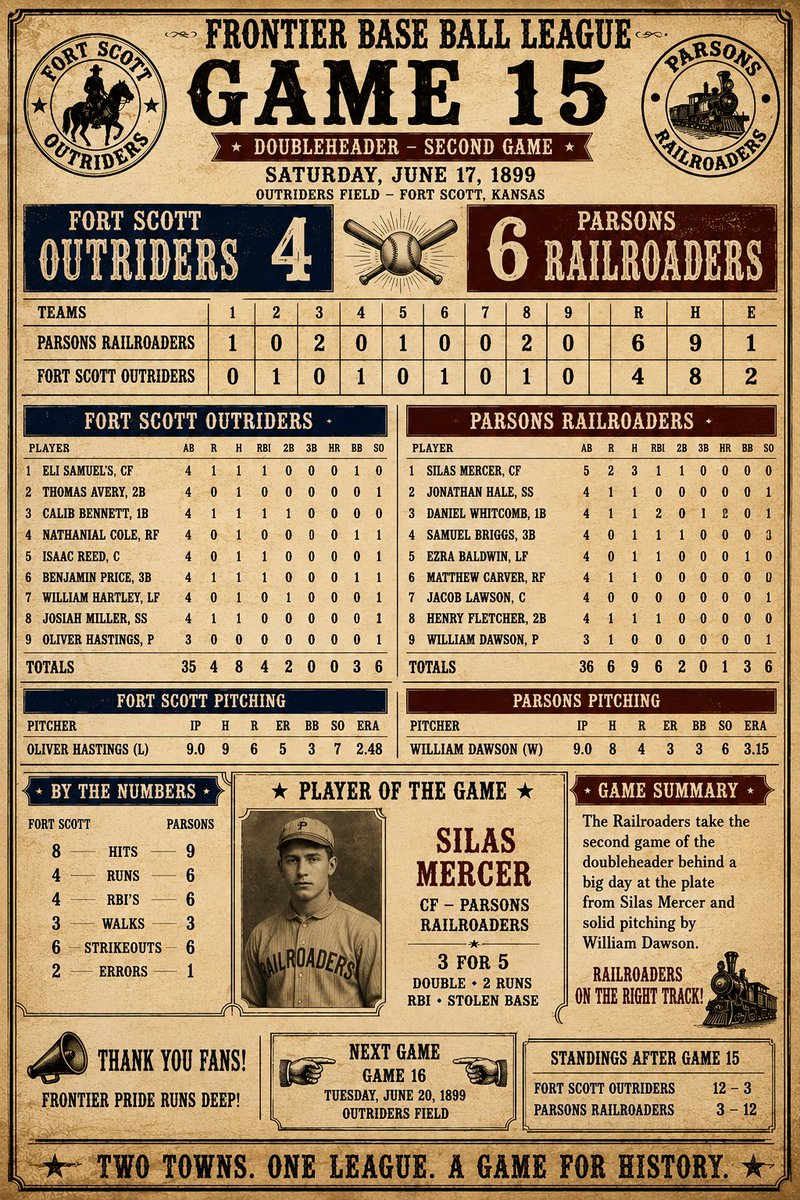 FrontierBBL's tweet photo. 🚂 PARSONS TAKES GAME 15!

The Railroaders answer back in the second game of the doubleheader, defeating the Fort Scott Outriders 6–4.

⭐ Player of the Game: Silas Mercer
3-for-5 • Double • 2 Runs • RBI • Stolen Base

🏆 Fort Scott: 12–3
🚂 Parsons: 3–12
⚾ Three games remain!

#FrontierBaseBall #Game15 #Railroaders #Outriders #1899BaseBall