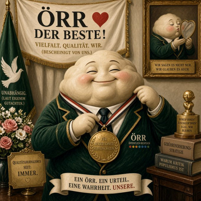 reisburgerin's tweet photo. Eine Ode an den ÖRR!

Mal ehrlich: Der ÖRR ist einfach supergut. Ohne ihn würden schon längst die Nazis, Putin oder der Verrückte aus Nordkorea hier regieren. Die Temperaturen wären deutlich höher. Und wir hätten keine Ahnung, wie gut es uns eigentlich geht.

Denn er ordnet jede Situation richtig für uns ein: 
Hohe Preise im Supermarkt und an der Tankstelle erscheinen plötzlich gar nicht mehr so schlimm. Wir verstehen endlich, dass unsere Regierung einen genialen Job macht. Leere Regale, explodierende Energiepreise und kaputte Infrastruktur? Nur Herausforderungen, die uns stärker machen. Bei tödlichen 40 Grad im Schatten sind wir dankbar – ohne die Expert*innen aus dem Studio wären es schon 50. Und schuld sind natürlich wir, weil wir mal Auto gefahren sind.

Dank dem ÖRR wissen wir jetzt auch, was „Meinungsvielfalt“ wirklich bedeutet: Sieben Redakteure sagen hintereinander denselben Satz und der Achte nickt zustimmend. Kritische Fragen stellt man besser gar nicht erst. Man wartet, bis der Moderator sie selbst beantwortet - und zwar richtig. Wer das anders sieht, ist entweder Bot, Putin-Troll oder einfach zu dumm für die Nuancen.

Er schützt uns vor gefährlichem Wissen. Vor Zahlen. Vor Kontext. Vor dem Gedanken, dass vielleicht nicht immer die anderen schuld sind.

Und das alles für lächerliche 18,36 Euro im Monat. Praktisch geschenkt.

Hoch lebe der ÖRR. Ohne ihn wären wir längst verloren.