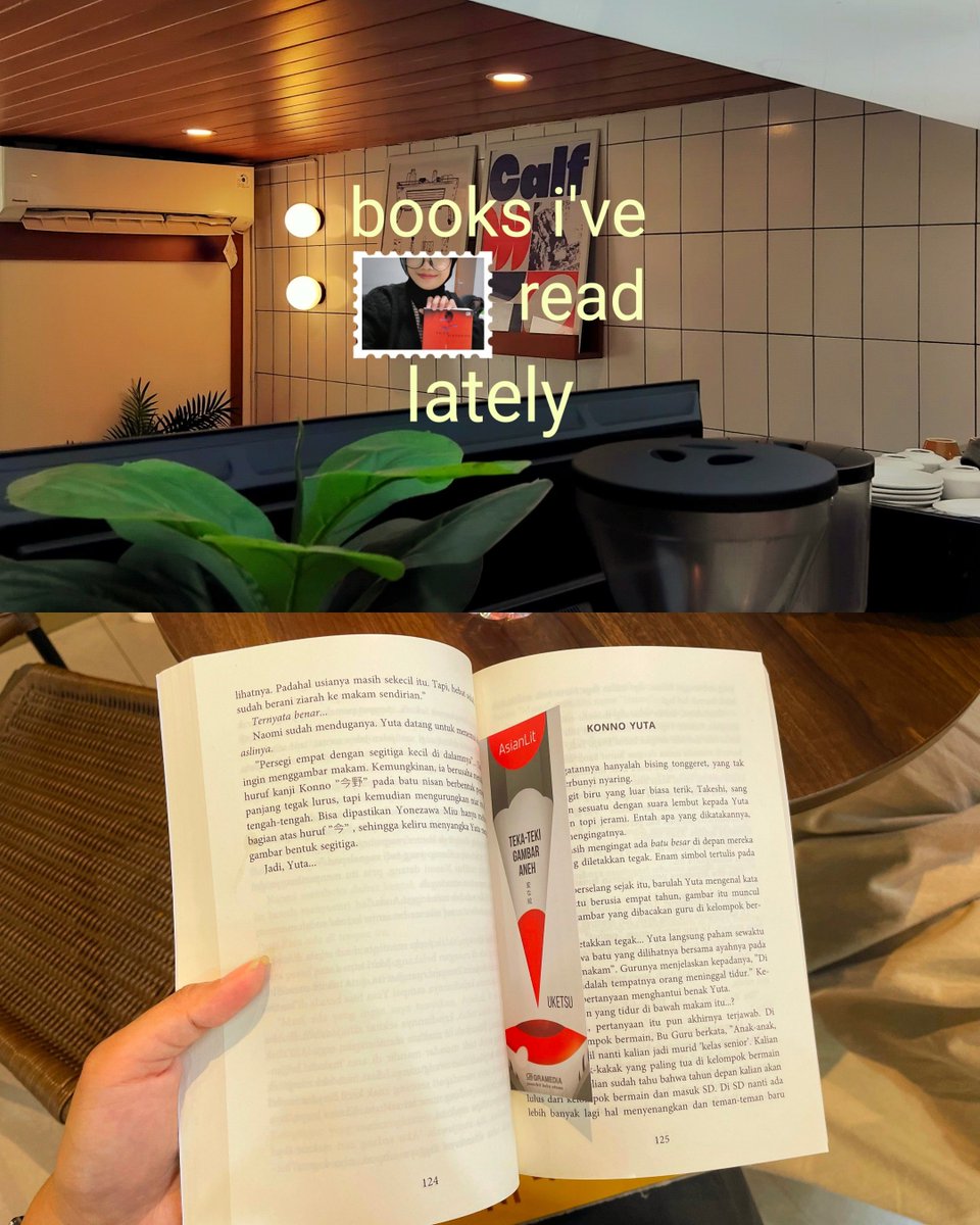 matchabellz's tweet photo. Baru tau hari ini, harinya para #booktwt — Happy National Book Lovers Day! 📚

Akhirnyaa mulai aktif baca lagi akhir-akhir ini (aslinya karena baru kebeli 🤏) dan selama 2 minggu terakhir bisa namatin 4 buku yeayyy cheers~

So, here's my personal rates & short-review!

— Salvation of Saint (4.8/5) : triknya ga expect bangett!! even dari awal dah ke describe pelakunya karena emang fokusnya ke "how?", cuma tetep banyak plot twistnya, di sini juga jadi mempertanyakan diri karena lebih simpati ke pelakunya

— Silent Parade (4.7/5) : menurut ku ini cerita komplit kaya multi layer mystery, dan beneran dibuat ga expect sama pelakunya! even di sini tokoh-tokohnya agak banyak tapi semua ada perannya dan penting buat bangun ceritanya jadi masih aman banget

— Malice (4.3/5) : ini buku pertama ku dari seri detective kaga, menurut ku agak sat-set plotnya tau-tau dah keungkap pelakunya, sampe aku mastiin berkali-kali gaada halaman yang kelewat, ternyata karena cerita ini fokus ceritanya ini lebih ke "why?" alias nemuin motifnya si pelaku, nah tapi dari sini juga keungkap hal-hal lainnya yang jadi tetep seru buat dibaca apalagi cerita ini pakai sudut pandang ganda

— Teka-Teki Gambar Aneh (4.8/5) : seru dan bikin penasaran banget sampe ini kubaca gak sampai sehari dah selesai, merinding banget baca tiap bagiannya, yang awal sebelum baca liat ada gambar-gambarnya bilang "ihh lucuu" abis selesai baca jujur agak ngeri, bener-bener mind blowing, thrillernya dapet, mysterynya dapet, psychologynya juga dapet!

Next baca apa yaa? Drop rekomendasi CTM fav kalian dong. Thank youu~