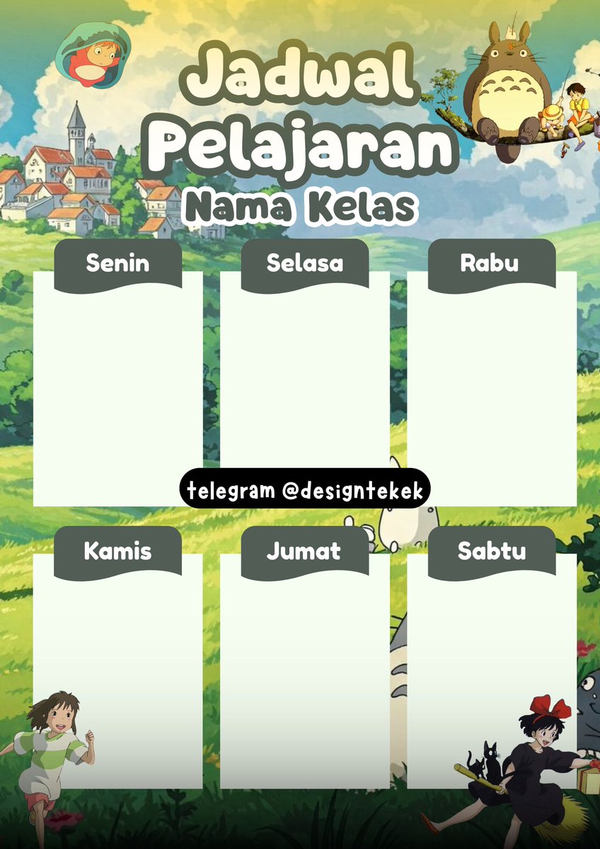 designtekek's tweet photo. jadwal piket palajaran ghibli

᪤ ˖ ׁ ☁️ #designtekek #template #canva #free
Template ini tersedia secara GRATIS. Tautan Canva dapat ditemukan di Telegram @designtekek! LINK DI BIO! https://t.co/8fIIUtVGEP