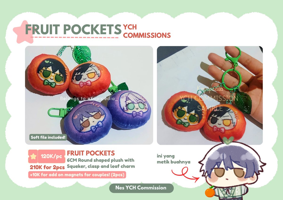 Kopipedia_'s tweet photo. NEW MENU
🍒Fruit Pockets Series!🫐

Capture your favorite character and turn them into fruits that fits inside your pocket! 

Kalian bisa pilih antara 3 pilihan buah (Jeruk, Cherry, &amp; Blueberry) dan bisa add on magnet biar nempel juga lho!💚

#CF23 
(2/3) https://t.co/yb83wkdIfm