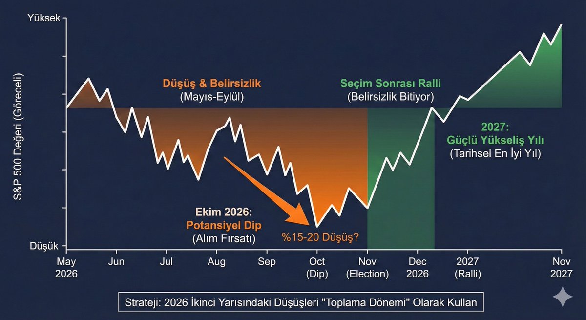 cevikfinance's tweet photo. Kasım 2025'te bu grafiği sizinle paylaşmış, 2026 beklentilerimi anlatmıştım. Haziran başı itibarıyla düşüş beklediğimi Ağustos ayında biraz toparlanma sonra Ekim ayında asıl dibin geleceğini çizmişim. Şu ana kadar fena bir tahmin olmamış gibi görünüyor.

Yani seçimlerden önce hâlâ bir düşüş görme ihtimalimiz var.